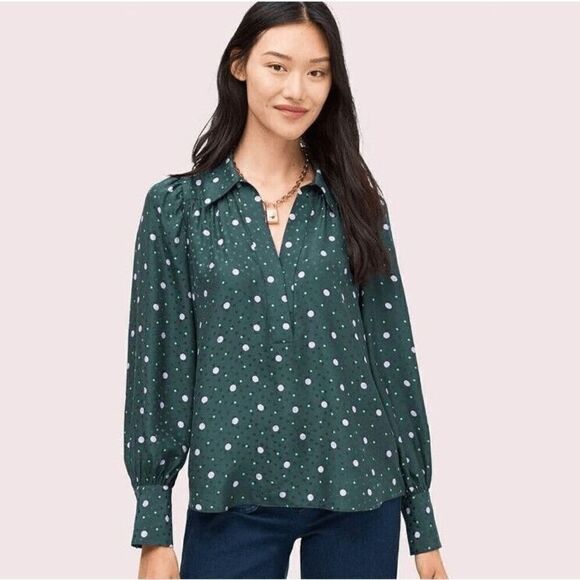 Kate Spade Pine Forest Green Pop Dots Blouse Size XS Silk Blend - Picture 3 of 15